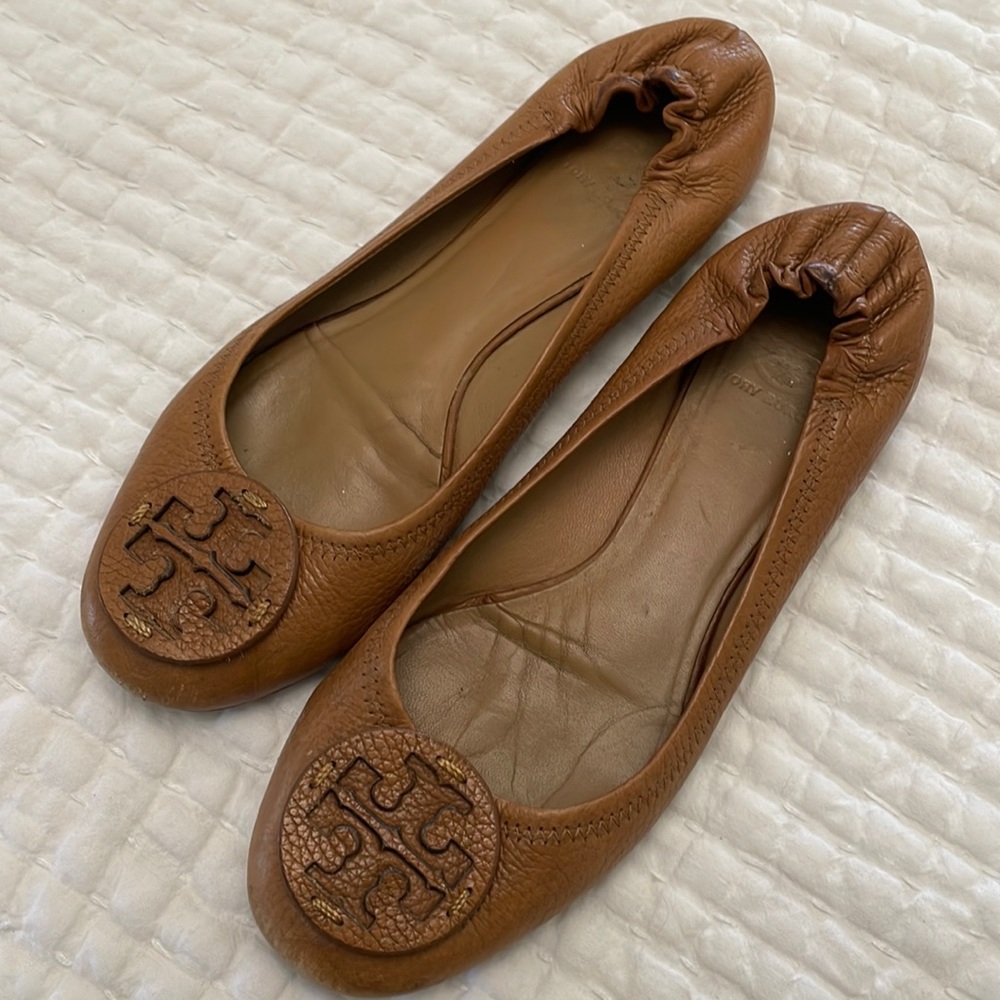 Tory Burch womens brown Minnie travel ballet flat leather size 9.5 used